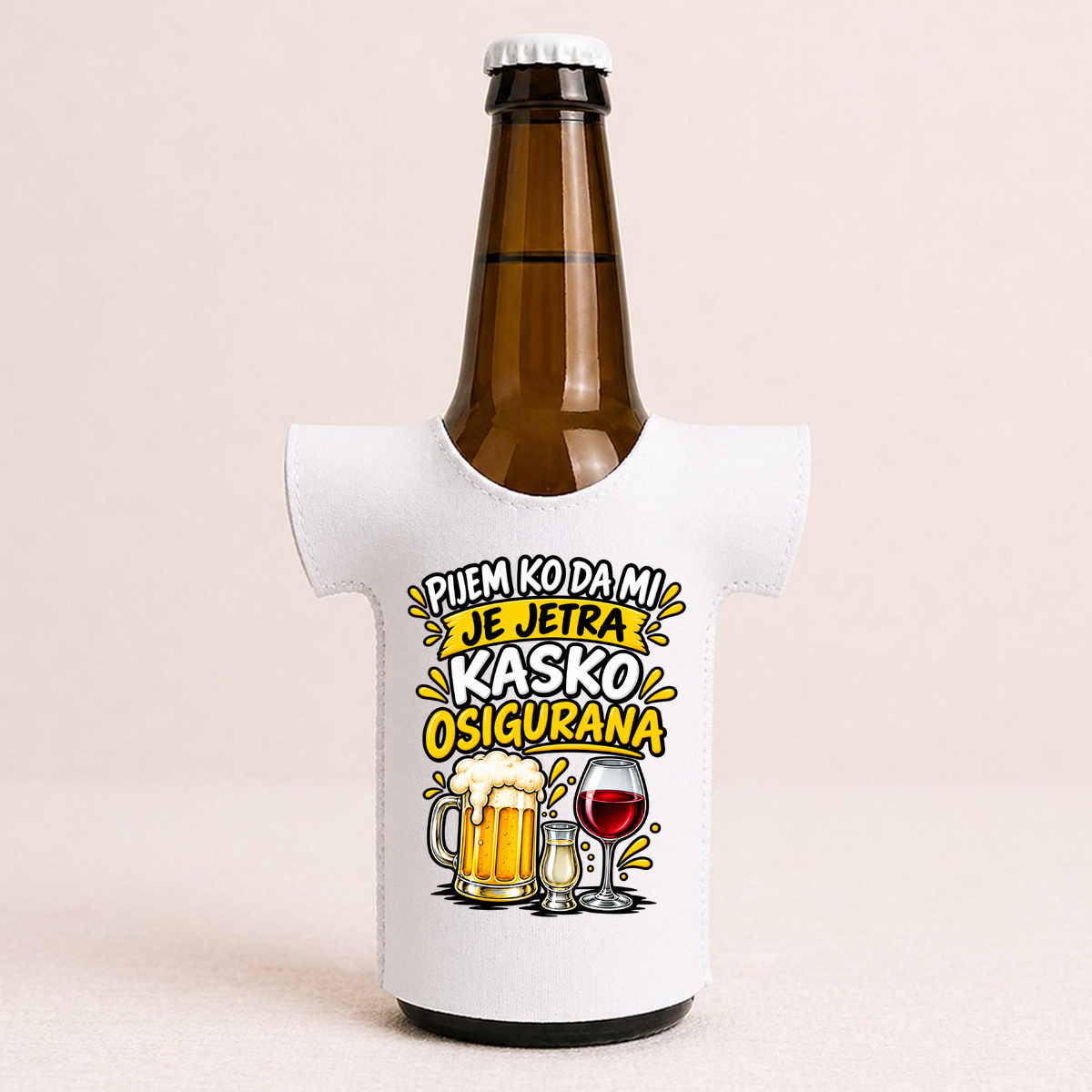 Pijem ko da mi je jetra kasko osigurana 1 - Majica za flaše – prikaz izdelka